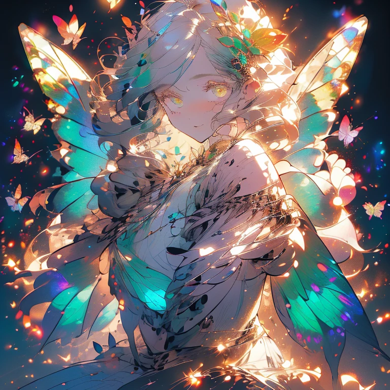 a beautiful (1woman) with colorful erfly wings, white hair, detailed face, green eyes,intricate butty wings,detailed wing patterns,detailed clothing,colorful butterflngs,cinematic lighting,golden light particle, best detailed,masterpiece,ultra detailed, best shadow, action pose, (dynamic angle,detailed background,dark fantasy), (beautiful detailed face), high contrast, (best illumination, an extremely delicate and beautiful), ((cinematic light)), colorful, hyper detail, dramatic light, intricate details, butterfly ci, magic crystals, Fantastic fairy, sharp detail 