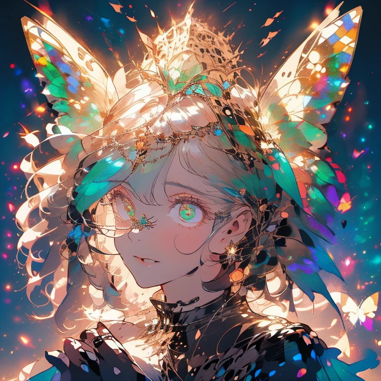 a beautiful (1woman) with colorful butterfly wings, white hair, detailed face, green eyes,intricate butterfly wings,detailed wing patterns,detailed clothing,colorful butterfly wings,cinematic lighting,golden light particle, best detailed,masterpiece,ultra detailed, best shadow, action pose, (dynamic angle,detailed background,dark fantasy), (beautiful detailed face), high contrast, (best illumination, an extremely delicate and beautiful), ((cinematic light)), colorful, hyper detail, dramatic light, intricate details, butterfly circle, magic crystals, Fantastic fairy, sharp detail