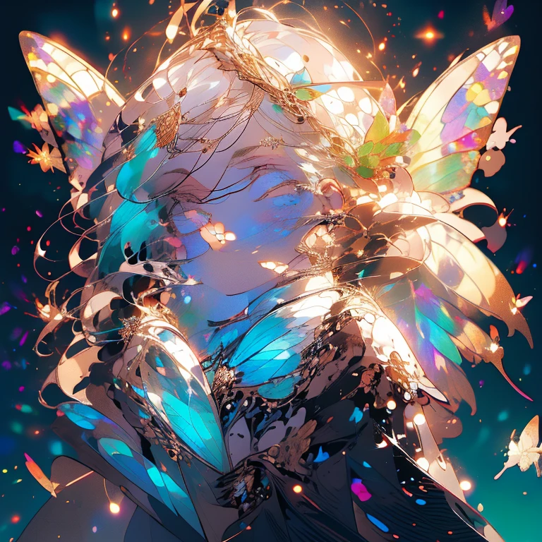 a beautiful (1woman) with colorful butterfly wings, white hair, detailed face, green eyes,intricate butterfly wings,detailed wing patterns,detailed clothing,colorful butterfly wings,cinematic lighting,golden light particle, best detailed,masterpiece,ultra detailed, best shadow, action pose, (dynamic angle,detailed background,dark fantasy), (beautiful detailed face), high contrast, (best illumination, an extremely delicate and beautiful), ((cinematic light)), colorful, hyper detail, dramatic light, intricate details, butterfly circle, magic crystals, Fantastic fairy, sharp detail
