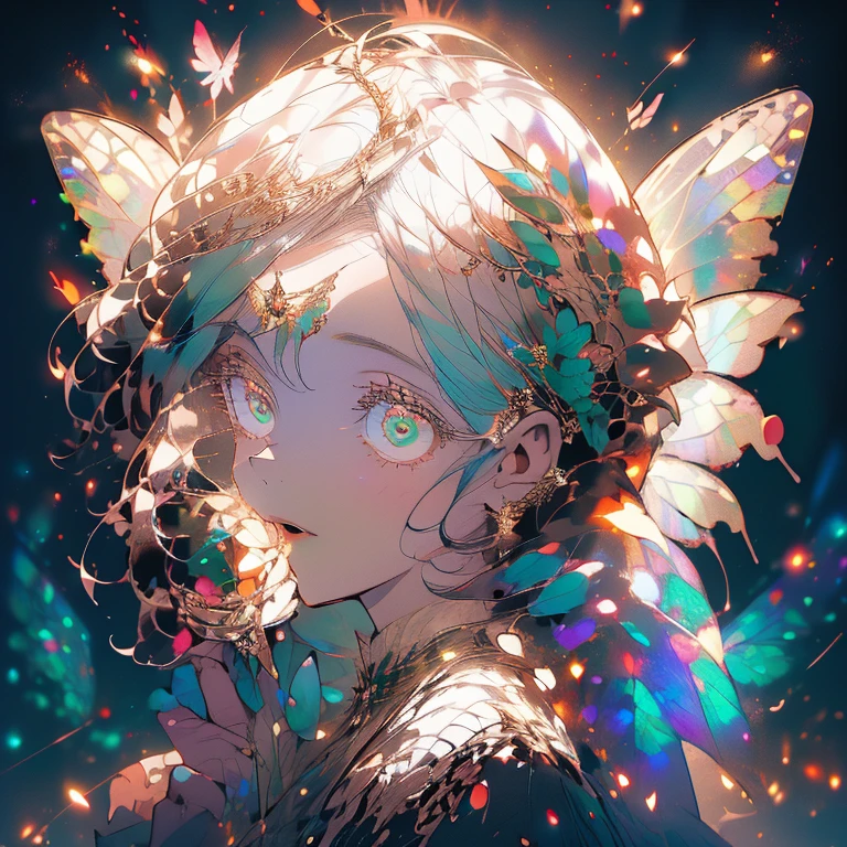 a beautiful (1woman) with colorful butterfly wings, white hair, detailed face, green eyes,intricate butterfly wings,detailed wing patterns,detailed clothing,colorful butterfly wings,cinematic lighting,golden light particle, best detailed,masterpiece,ultra detailed, best shadow, action pose, (dynamic angle,detailed background,dark fantasy), (beautiful detailed face), high contrast, (best illumination, an extremely delicate and beautiful), ((cinematic light)), colorful, hyper detail, dramatic light, intricate details, butterfly circle, magic crystals, Fantastic fairy, sharp detail