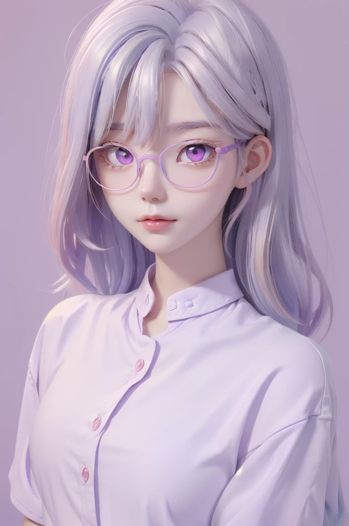 Best quality, cartoon_Portrait, 1girls 1Boys, couple, light pastel purple-white haired woman, looking at viewer, simple background, pink eyes, closed mouth, glasses, long white shirt, lips, swept bangs, bedroom background, red lips