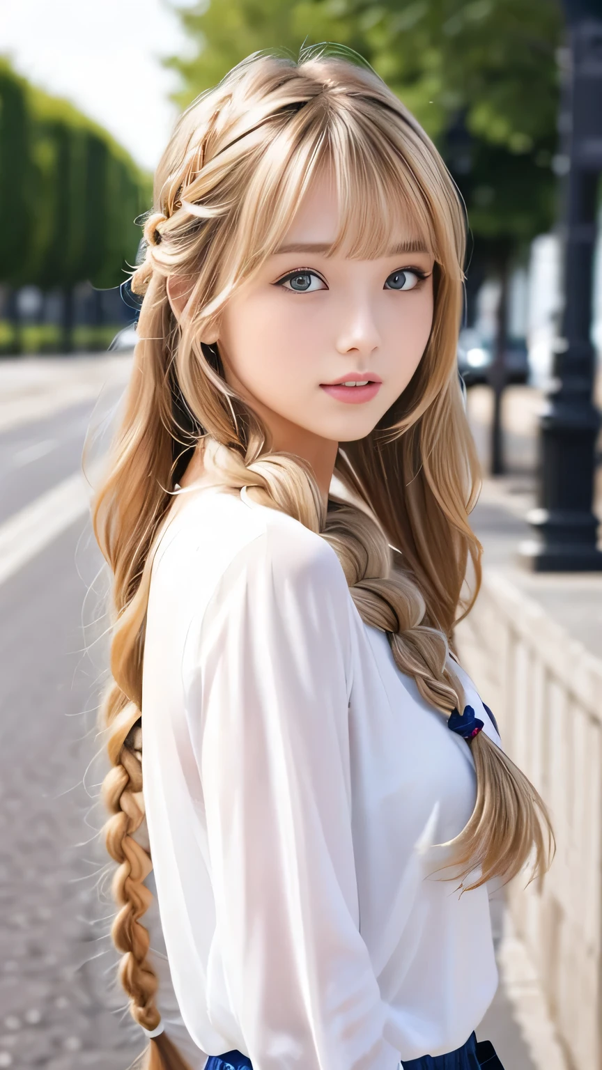 Sexy Big 、Sexy cute looks and cute 15 year old beautiful girl, beautiful and sexy face、A strong wind blows my hair in front of my face、beautiful long blonde French braided hair、beautiful, Cute and sexy eyes hidden behind long bangs