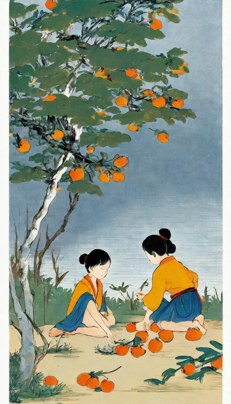 A group of children in the distance picking persimmons under a persimmon tree, Jiangnan countryside, river in the background, Chinese children's book illustration, in the style of Feng Zikai, minimalism, line art, ink and yellow colors,white background
INFO