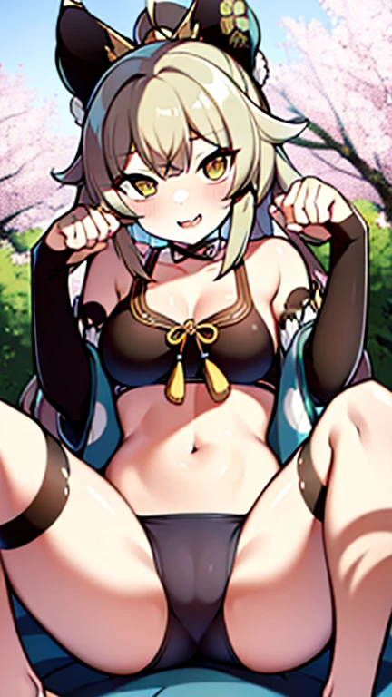 Kirara exposing vagina and breasts with no clothes extremely embarrassed