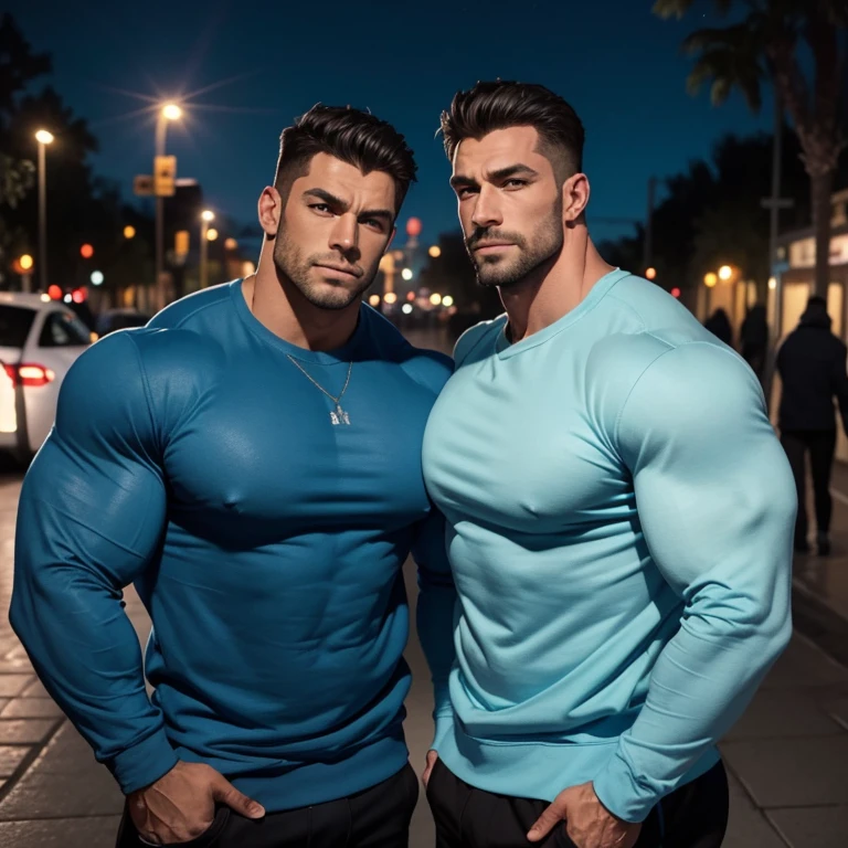 two very handsome men, massively muscular, with massively large muscles, with massively large biceps, with massively large arms, wearing a simple light blue sweatshirt with long sleeves, on a sidewalk at night