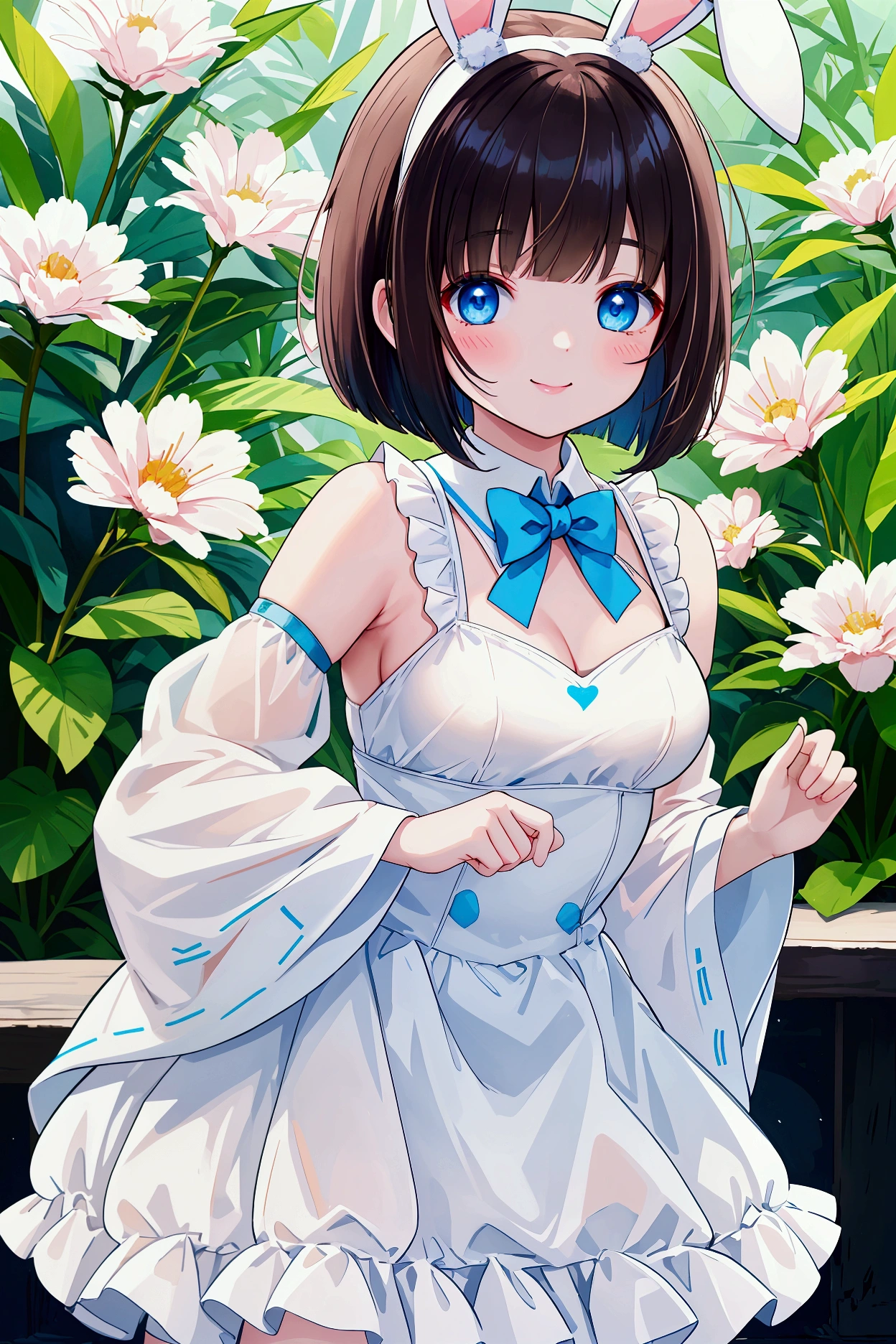 Realistic、Highest quality、Highest Resolution、Highest quality、8K、1人の美しいBunny girl、Cute Face、Bob Cut Hair、Dark Hair、Pale blue eyes、Beautiful breasts、Bunny girl、smile、