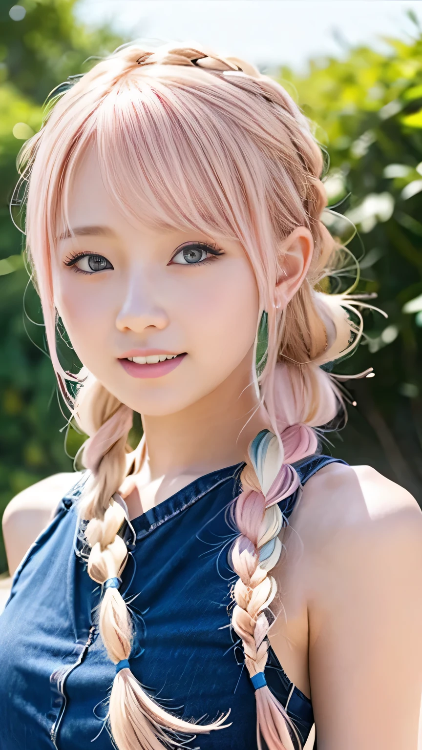 Pale, tanned skin、Sunburn marks on tanned skin、Multicolored Hair、Pink Hair,blonde,Platinum Hair,Brown Hair、A cute 15-year-old girl with a cute look, A strong wind blows my hair in front of my face、beautiful long blonde French braided hair、beautiful, Cute eyes hidden by long bangs、Yawn、Double teeth、No visible nasolabial folds、