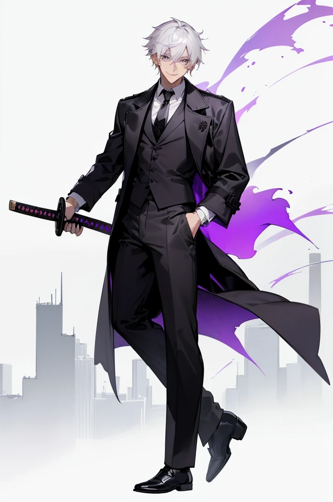 1male, black hair, white faded hair grey eyes, face scar, smiling expression, cityscape background, black trenchcoat, white tie, black pants, dress shoes, black and purple arm samurai pauldron, expressionless, katana on hip