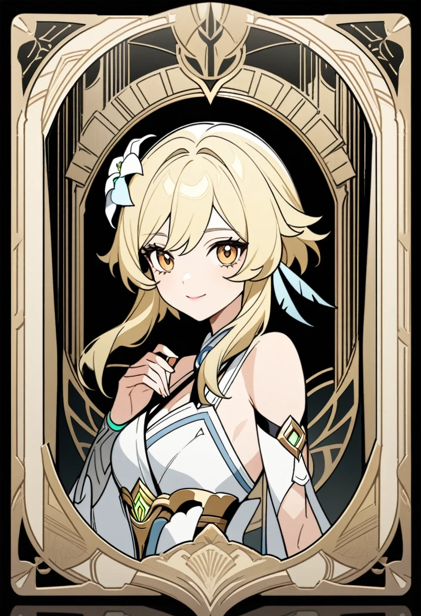 art deco, card, frames, vintage, art deco poster, high quality, female, Lumine, genshin impact, lumine from genshin impact, dress, formal, holding drink, beautiful face, cute face, blonde hair, smiling, upper body, dark background, masterpiece, detailed, line art, straight lines, clear art, great gatsby, art nouveo