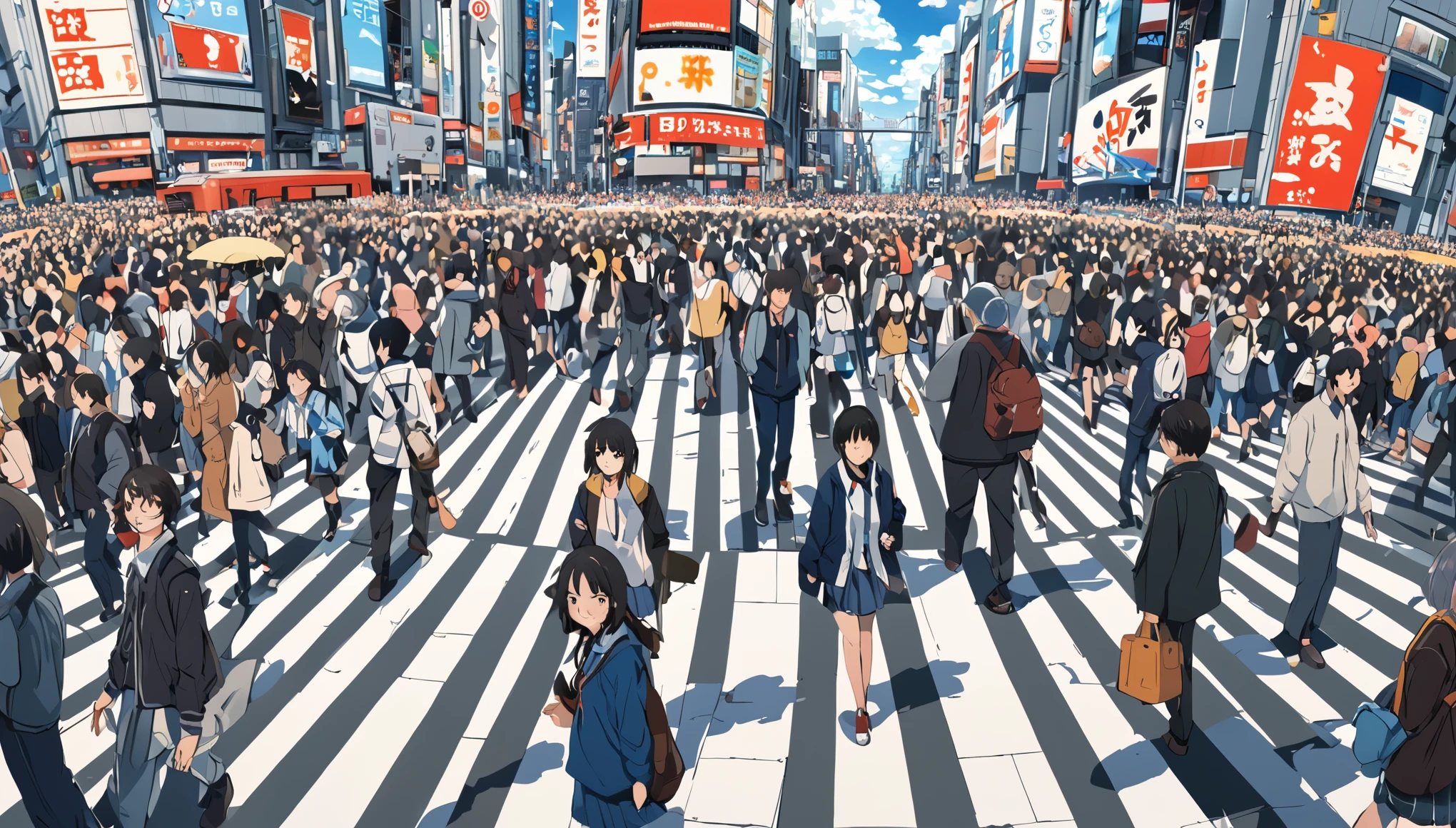 ((anime: 1.4, figure)), (masterpiece, Highest quality, Highest quality), (Very detailed, The absolute solution), ((16K, High resolution)) (Shibuya Scramble Crossing, anime Style, Cumulonimbus, blue sky, crowd), ( anime: 1.4, figure)), (masterpiece, Highest quality, Highest quality), (Very detailed, The absolute solution). and {Lofi Art, Laurie Griesley's style, Makoto Shinkai's Style, anime Aesthetic}, break {(Produces images with over 40 million pixels of information and cinematic detail。Hot with Sony's slur).}