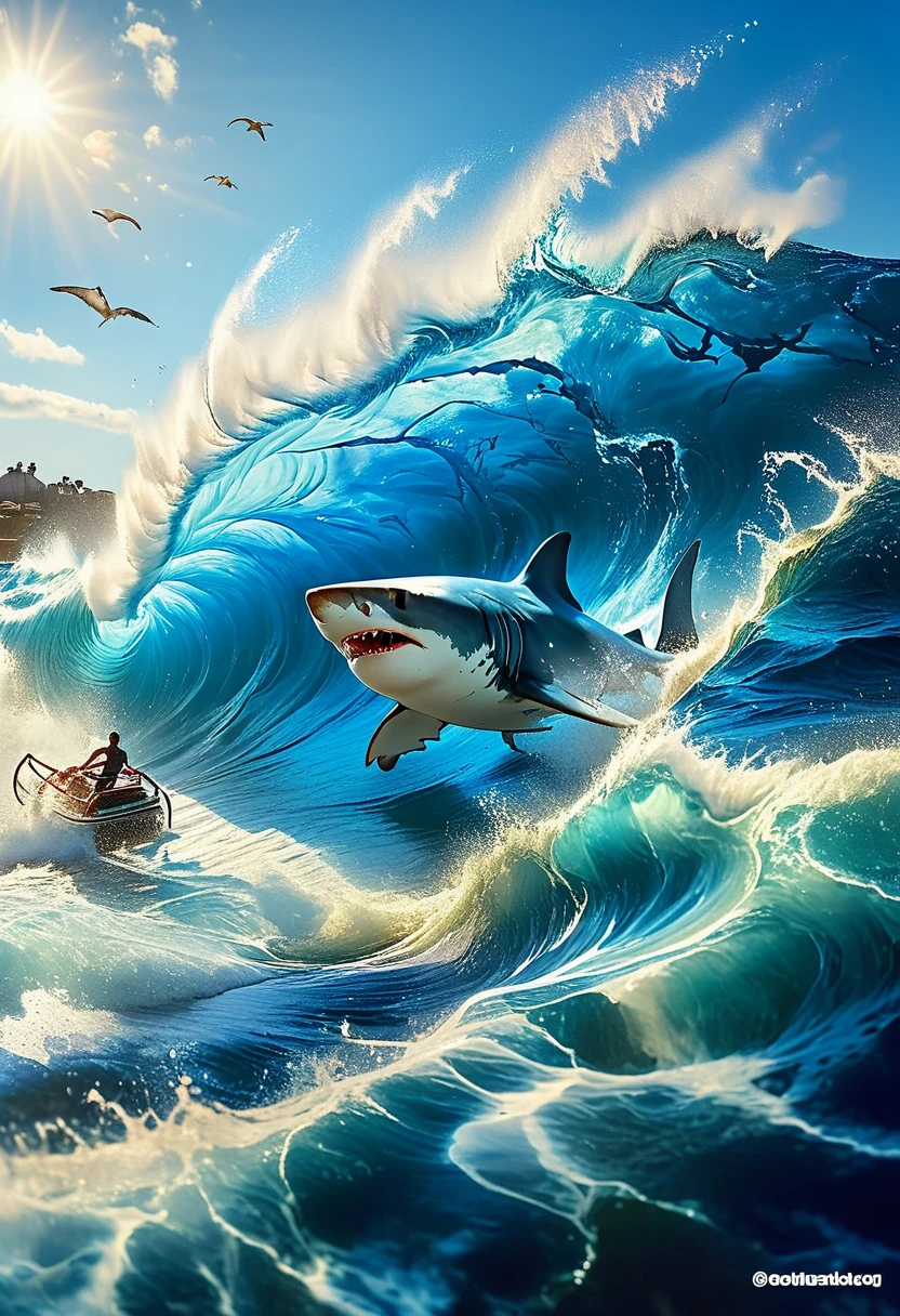 A shark surfing on a large wave in the deep blue ocean. In the background, there are seagulls flying in a clear blue sky, defying the terror of the predator of the sea. The shark has a grin, embodying an adventurous spirit. The wave he's surfing, although monstrous, is beautiful with its white water foaming wildly at its peak.