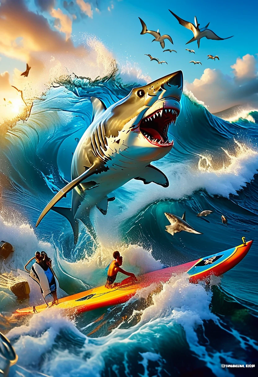 A shark surfing on a large wave in the deep blue ocean. In the background, there are seagulls flying in a clear blue sky, defying the terror of the predator of the sea. The shark has a grin, embodying an adventurous spirit. The wave he's surfing, although monstrous, is beautiful with its white water foaming wildly at its peak.