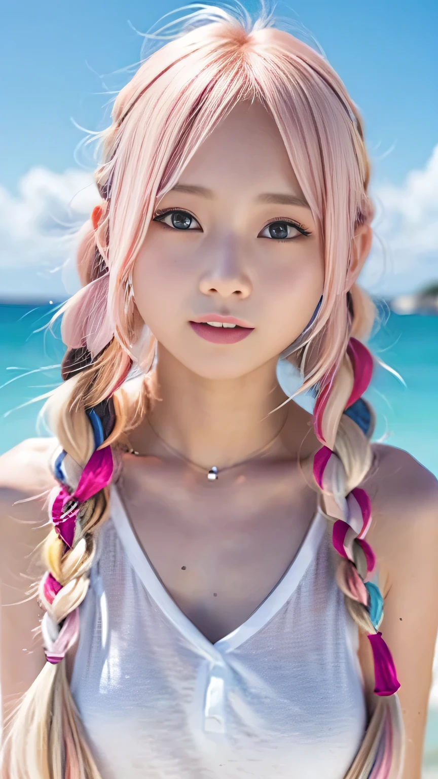 pale, Sunburned skin、Sunburn marks on Sunburned skin、Multicolored Hair、Pink Hair,blonde,Platinum Hair,Brown Hair、A cute 15-year-old girl with a cute expression, A strong wind blows my hair in front of my face、beautiful long blonde French braided hair、beautiful, Cute eyes hidden by long bangs、yawn、Double teeth、Reduces the appearance of nasolabial folds、
