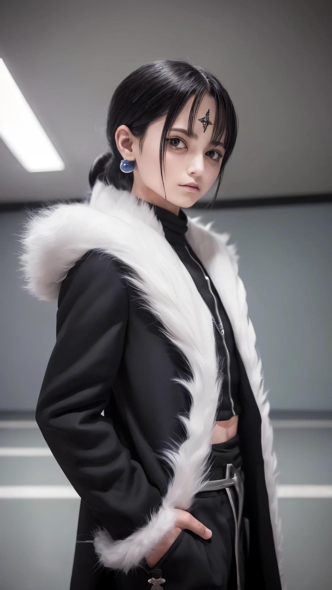 RAW Photos、((((Extreme beauty)))、Upper Body、HUNTER×HUNTER Chrollo=Lucilfer)、1 teenager、Staring at the audience、Fur trim、Black long coat、Open Court、Long sleeve、Black trousers、Simple Background