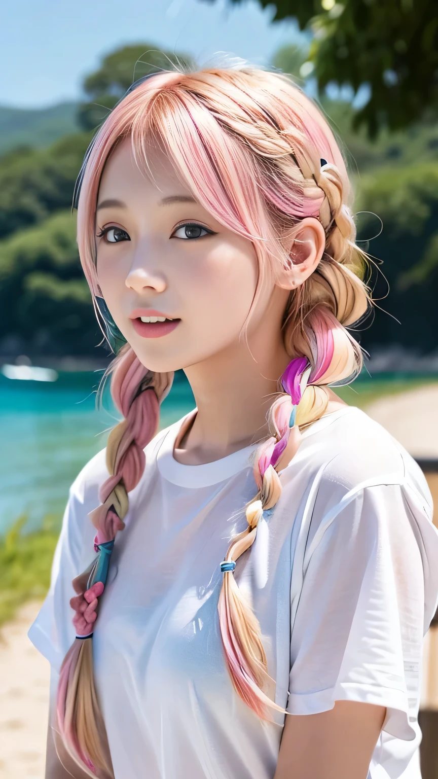 pale, Sunburned skin、Sunburn marks on Sunburned skin、Multicolored Hair、Pink Hair,blonde,Platinum Hair,Brown Hair、A cute 15-year-old girl with a cute expression, A strong wind blows my hair in front of my face、beautiful long blonde French braided hair、beautiful, Cute eyes hidden by long bangs、yawn、Double teeth、Reduces the appearance of nasolabial folds、