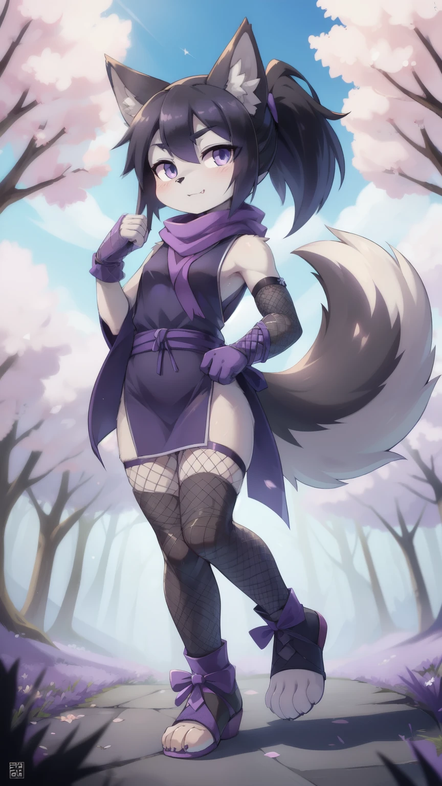 score_9,score_8_up,score_7_up, source_cartoon, source_furry, furry girl, young, wolf, black hair, hair bang covering one eye, long large ponytail, anime style, small breasts, lilac eyes, (wolf tail), (wolf ears), ((dark lilac scarf, dark blue sleeveless kimono, lilac ribbon on ponytail, fish net thights, toeless footwear, kunoichi gloves)), high quality, detailed body, detailed eyes, detailed face, masterpiece, glistening body, detailed body fur, best quality, skinny, spectacular effects, detailed hands, perfect lighting, perfect shadows, perfect eyes, perfect hair, perfect face, gorgeous body, clear gray body fur, detailed hands, glistering body, shiny body, skinny, spectacular effect, fangs, solo, :3, Sakura tree forest, clear sky, full body, feets with three toes, 3 toes, short body, 