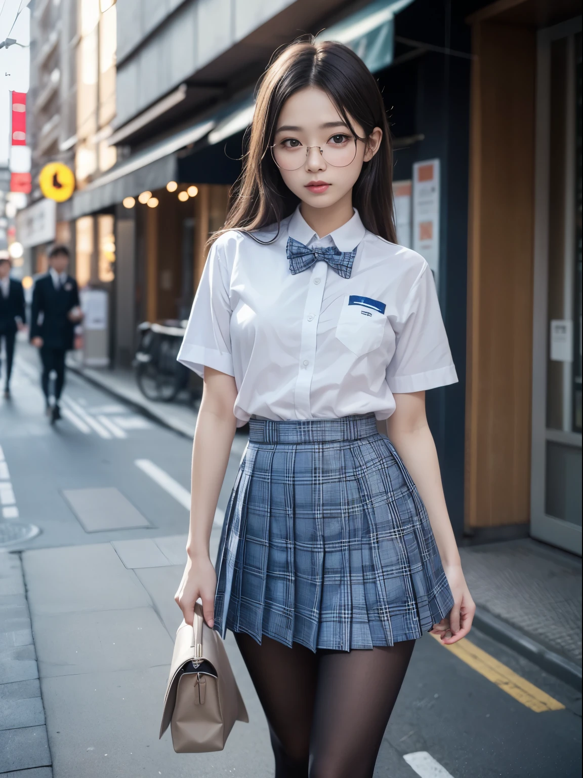 (8k、生photograph、Highest quality、masterpiece:1.2)、(Black Pantyhose)、(Small breasts)、(Small breasts)、(Small breasts)、(Small breasts)、Glare、anger、Light、Narrow eyes、Round Glasses、cute、JK、high school girl、Japanese women、Are standing、(PhotoReactive:1.37)、Photon Mapping、Real、cute小さな顔、Brown eyes、(Red bow tie)、Radio City、Physically Based Rendering、Prospect、Character boundary depth、Blurred Background、photograph、girl、body、Beautiful feet、Long legs、Thin legs、(前hairが見える)、hair、lips、Blue_The目、Soft Nose、(Light blue shirt)、(Navy, blue and white plaid pleated skirt)、High school uniforms、See-through clothing、Thighs、black cotton socks、Nogizaka Idol、、Japan Ido