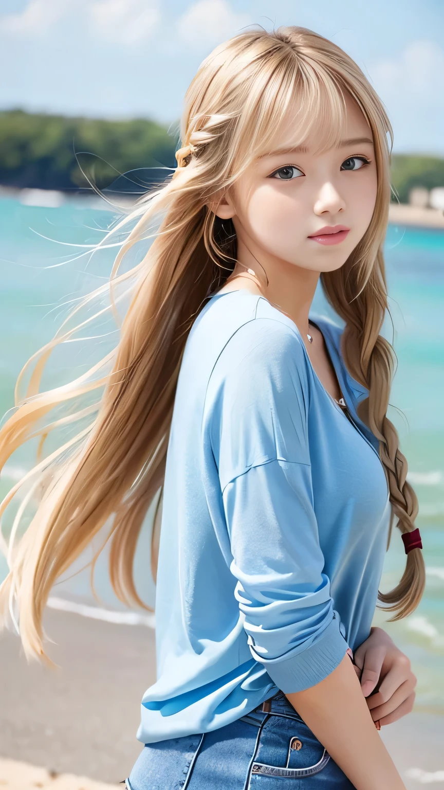 Sexy Big 、Sexy cute looks and cute beautiful girl, beautiful and sexy face、A strong wind blows my hair in front of my face、beautiful long blonde French braided hair、beautiful, Cute and sexy eyes hidden behind long bangs
