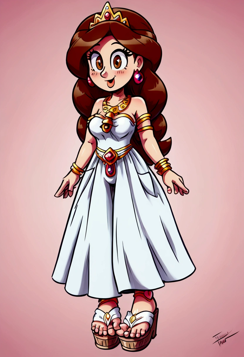 A_princess_with_big_feet (((massive, alternate size, and giant feet, giant toes, feet jewelry, white platform sandals, standing))) hair_color (brown hair) (pretty white outfit with bell bottom pants) eye_color (brown eyes) silver_tiara ((teasing, cute, funny, adorable, masterpiece, high quality))