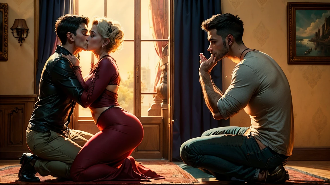 score_9, score_8_up, score_7_up, 1boy, 1girl, mature female, (mother and son), kid, hug, kiss, hand on head, kneeling, in a room