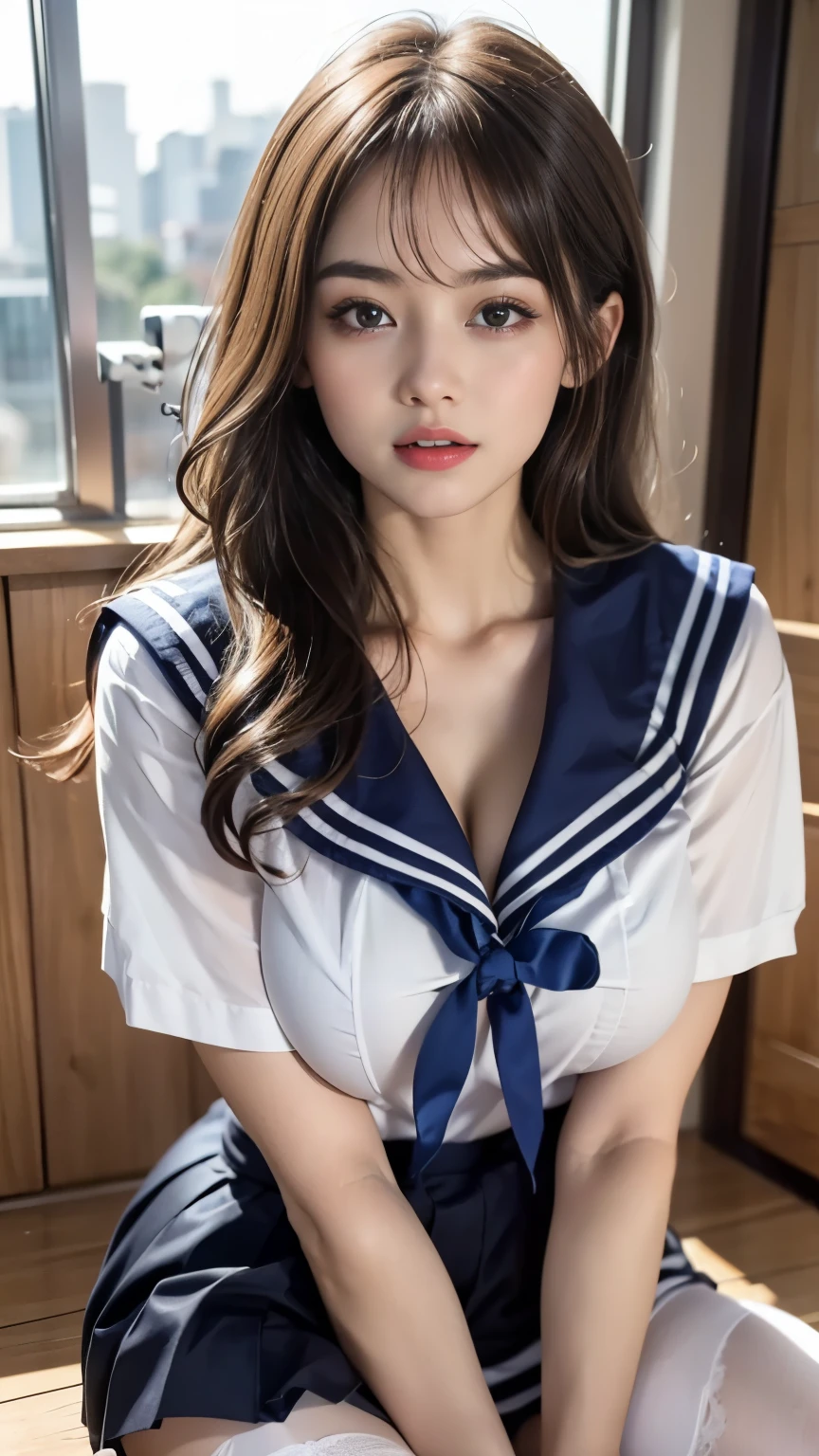 One Girl, Beautiful girl with beautiful details, Highly detailed eyes and face, Look at me, Open your mouth a little, Laugh shyly, Beautiful thighs, RAW Photos, (Highest quality:1.2), 8k, Attention to detail, High resolution, Highest quality, High resolutionの生のカラー写真, Professional photography, Cinematic Light, (Beautiful Face:1.2), (Beautiful breasts:1.2), (Sailor suit with a wide open chest:1.5), Beautiful breasts, (短いスカートからWhite panties are visible:1.3), I can see your crotch , room, (White panties are visible), Depth of written boundary, (View from below),