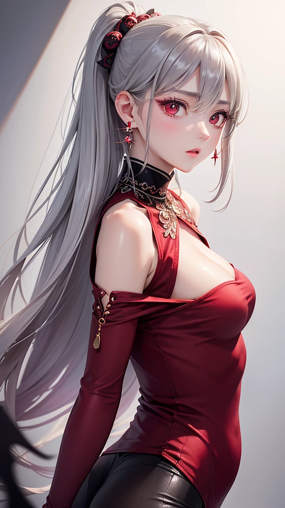(Highest quality,Very detailed,High resolution:1.2),One Girl,Gray Hair,The most beautiful girl in human history,((1 photo from the front))、暗い red eyes (暗いred eyes:1.1),さみし気なaura(aura:1.1),(mysterious,Ghostly:1.1) atmosphere,Looks like half a demon,(Demonic traits,Demonic traits),(Elaborate,wonderful) Earrings,Small Ass,Long and beautiful legs、Semi-long hair up to the shoulders, ((Upper Body Shot)),Medium sized big breasts、Clear Eyes、((Are standing))、My cheeks are a little red,((Casual clothing that doesn't reveal much、Long skirt))、((Huge bat-like wings growing from his shoulders)),((A big full moon shines in the dark night sky))