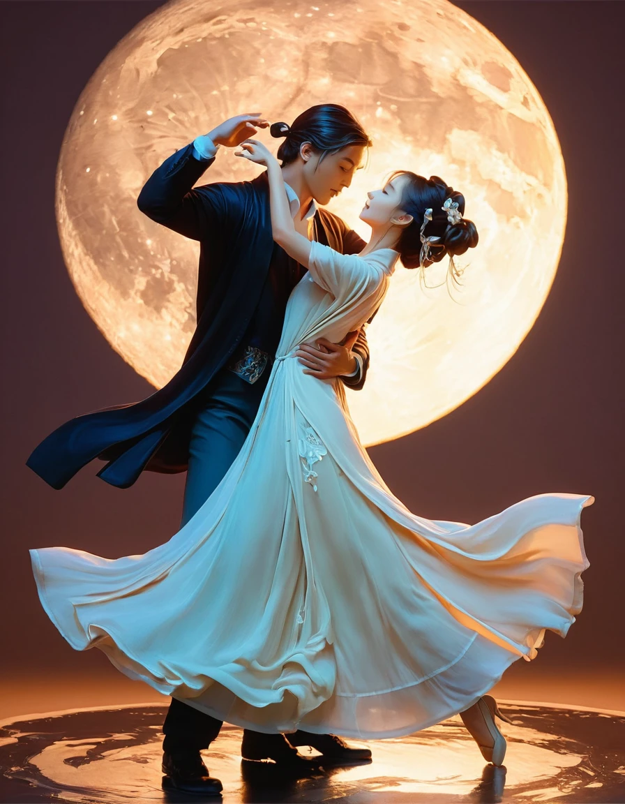 there is a painting of a couple dancing in the moonlight, vector art by Li Song, pixiv contest winner, art nouveau, a beautiful artwork illustration, jen bartel, rob rey and kentarõ miura style, stunning art style, romantic painting, in style of atey ghailan, couple dancing, artwork in style of sheng lam, beautiful illustration