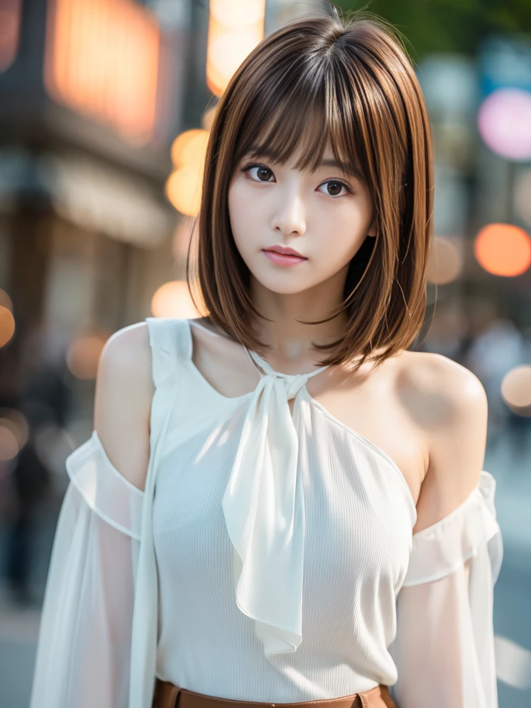 Ultra-high resolution, Superior Quality, highest quality, Super detailed, Realistic, 8k, RAW Photos, highest quality, masterpiece, Attractive girl, A wonderful girl, Brown Hair, Shoulder-length layered, Asymmetrical bangs, K-Pop Idols, Sophisticated, stylish, White blouse,Shibuya Ward, 
