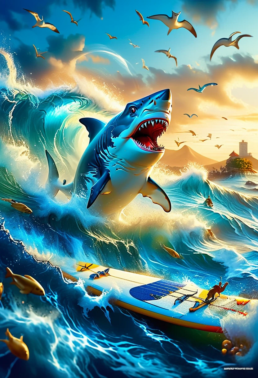 An anthropomorphic shark standing on a surfboard in the deep blue ocean，Surfing the Big Waves，In the background，Seagulls flying in the blue sky，Ignoring fears of marine predators，Shark grin，Embodying adventure，The waves he surfed were huge，But the white waves are rolling on the top of the waves，Very beautiful