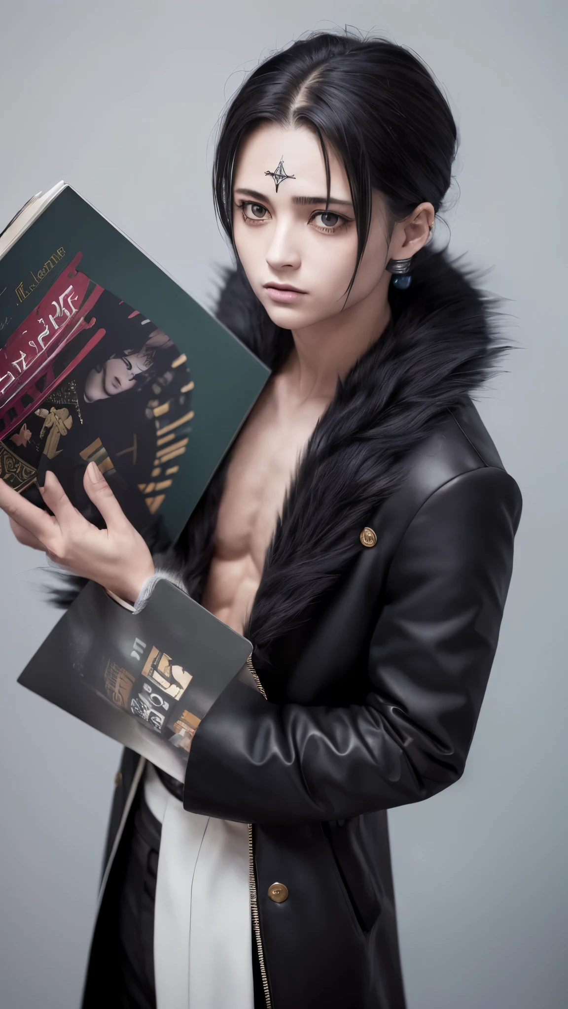 RAW Photos、((((Extreme beauty)))、Upper Body、HUNTER×HUNTER Chrollo=Lucilfer)、1 male、Staring at the audience、Fur trim、Black long coat、Open Court、Long sleeve、Black trousers、Simple Background、holding a thick book in one hand、