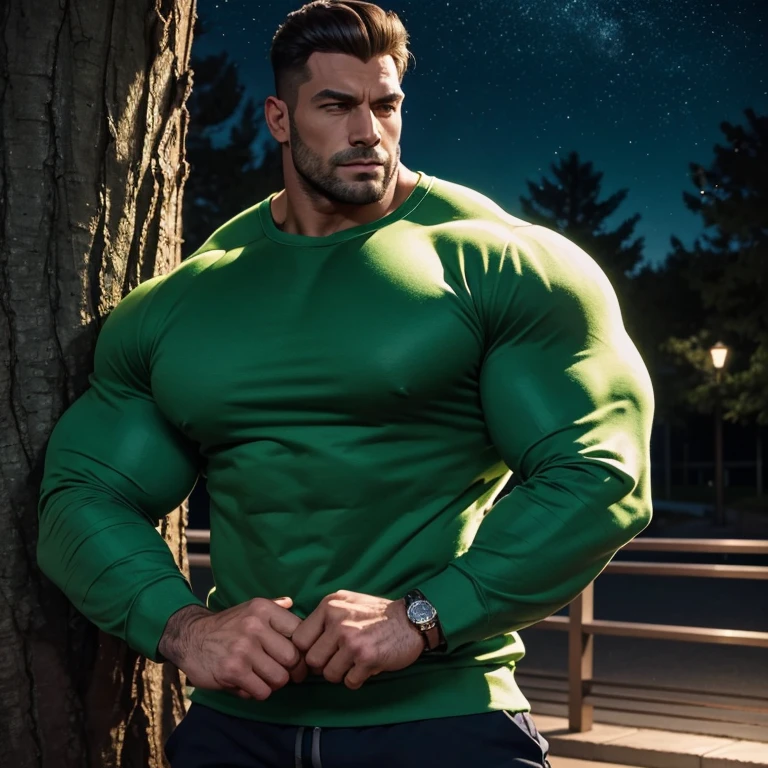 a very handsome man, massively muscular, with massively large muscles, with massively large biceps, with massively large arms, wearing a simple light green sweatshirt with long sleeves, standing next to a tree at night