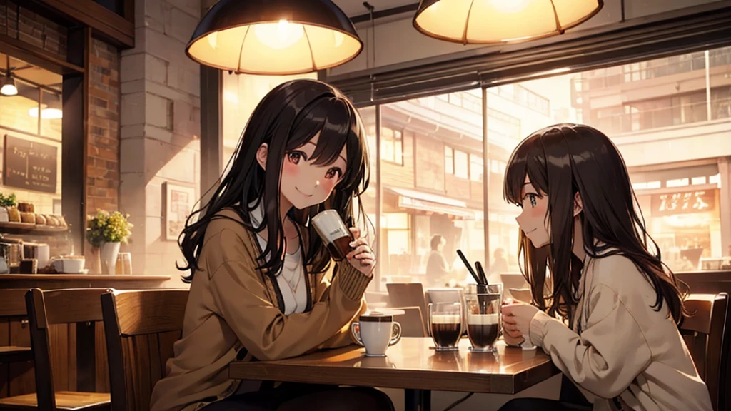 Stylish cafe、Anime Style、Freshly Brewed Coffee、Delicious looking baked goods、Relaxed atmosphere、Cozy atmosphere、Beautiful girl with dark hair sitting and drinking coffee、Wearing a beige cardigan、smile、Warm Light、avert your eyes