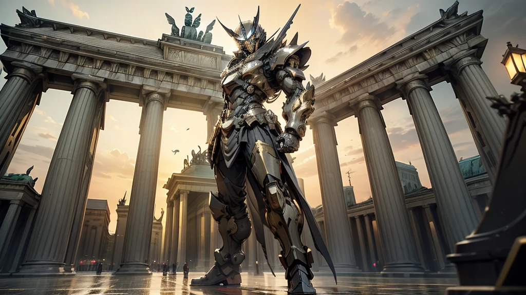 Create a digital art piece featuring a futuristic German Jaeger standing impressively in front of the Brandenburg Gate in Berlin at night. The Jaeger is 400 meters tall, painted in sleek black, red, and gold, reflecting the German flag. The Jaeger’s design includes intricate, high-tech features with a robust, angular look.

The Jaeger is posed in a commanding stance with one arm raised as if saluting or guarding. The Brandenburg Gate, partially illuminated by streetlights, contrasts sharply with the dark night sky, adding depth to the scene. Cinematic lighting highlights the Jaeger's reflective surfaces and the shadows of the gate. Render the image in 8k resolution to capture the fine details of the Jaeger and the gate's architecture.