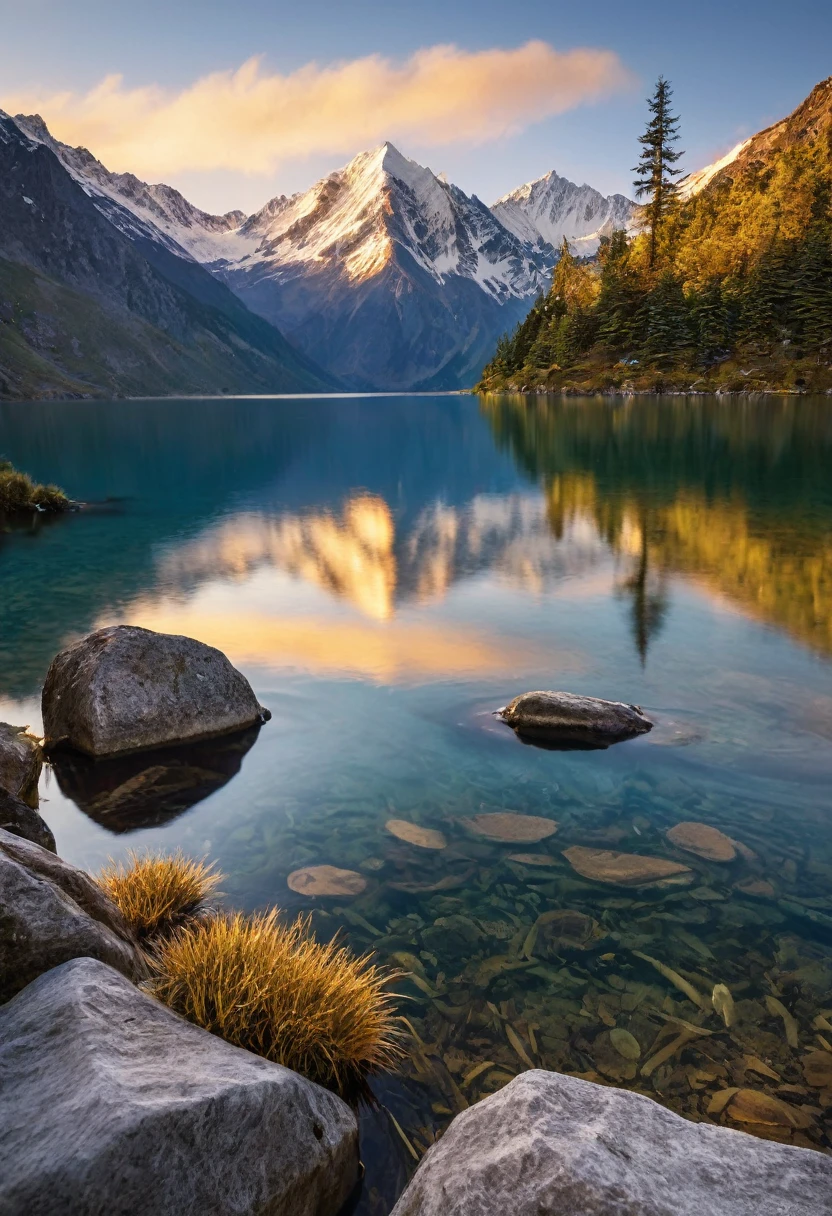 master piece,ultra-detailed,Realistic,16K,serene lake, surrounded, snow-capped mountains, sunrise