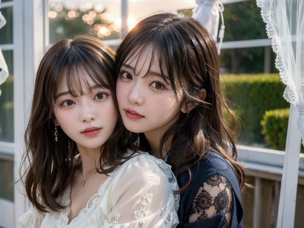 Two beautiful girls,Cheek to cheek，Embrace each other,(Highest quality,masterpiece:1.3,超High resolution),(Very detailed,Caustics,8k),(Realistic:1.4,RAW shooting),Super detailed, 超High resolution, Two Girls,18-year-old,Japanese,黒いLong Hair,耳前にLong Hair, (Long Hair:1.2), (Wavy Hair:1.2), (鈍いbangs:1.2), Chest-up shot,Ultra high definition 8K,Highest quality,Very detailedな,masterpiece,Realistic,Rich details,Photographic realism,Very detailedな環境,Very detailedな照明,Very detailedな詳細,,Detailed skin texture,Scattered under the surface,(blush:0.5),Photographic works,A slightly sad expression,Beautiful, shining lips, Detailed face、 bangs, Hair between the eyes, (Tangled in lace curtains:1.5),Looking into the camera,Top view angle,,Natural light, masterpiece, Highest quality, High resolution, ,(Face Focus:1.1),(Face close-up:1.1),Sunset