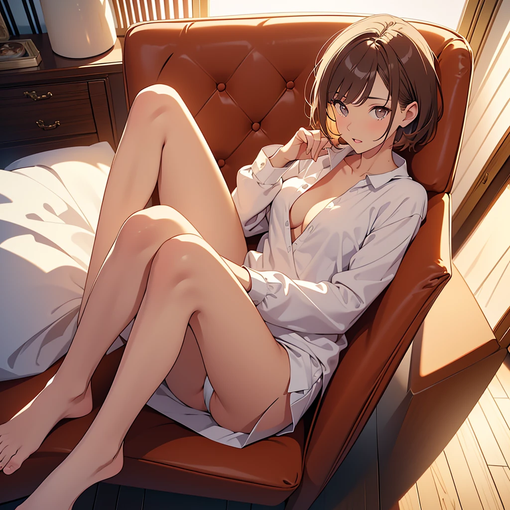 masterpiece,(Perfect Anatomy:1.5), pov, highest quality, a lady , slender, leggy, Seductive, short hair, brown hair, (wear a white long sleeved shirt:1.5), white bikini panties , Perfect hands, Perfect body, reclining, lying on a sofa, throw her legs over the sofa, leg up , shirt lift, (barefoot), looking away, ((Exquisite detail)), Very finely crafted fingers(((10 fingers))), (((two legs))), (full body showcase), (Show your whole body), (no background), (No logo) , high resolution, see her private part , telephoto lens, parted lips,