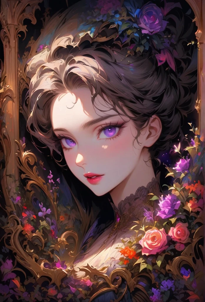 masterpiece, best quality, anime style, (Half body shot), 1girl, beautiful noble woman wandering on the roses garden, beautiful girl portrait, sultry beauty and detailed face, porcelain skin, (((bust shot, center,wearing pretty elegant noble gown,soft purple eyes,light brown hair, long soft curly hair)), soft lighting, elegant