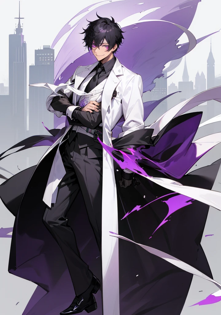 1male, black hair, white faded hair, purple eyes, face scar, peaceful smiling expression, cityscape background, black trenchcoat, white tie, black pants, dress shoes, black and purple arm samurai pauldron