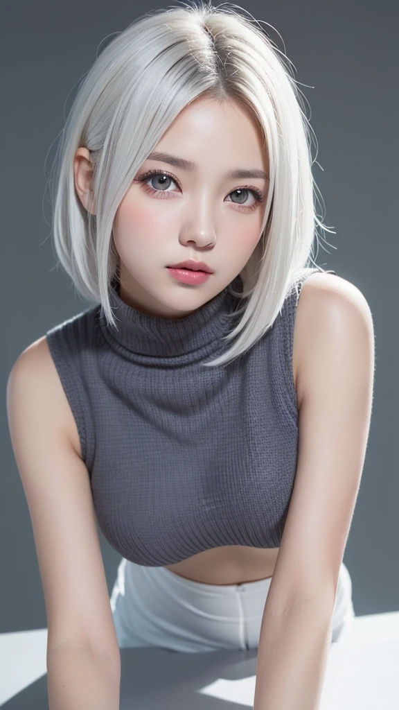 (((forehead、(bent over)、A calm face、High neck sleeveless knit、White Hair、Waist-length hair、Northern Europe、White、beautiful girl、Silver Hair、White background、cute、Young、True Face、Shiny Hair、whole body)))、table top, highest quality, figure, super detailed, finely, High resolution, 8k wallpaper, Perfect dynamic composition, detailed and beautiful eyes, Deco out,bionde, medium hair, big breasts, Natural color lip,white background, random cute poses,