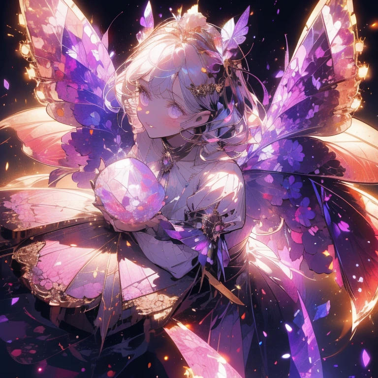 a beautiful (1girl) with colorful butterfly wings, white hair, detailed face, purple eyes,intricate butterfly wings,detailed wing patterns,detailed clothing,colorful butterfly wings,cinematic lighting,golden light particle, best detailed,masterpiece,ultra detailed, best shadow, delicate,action pose, (dynamic angle,detailed background, fantasy), (handsome detailed face), high contrast, (best illumination, an extremely delicate and beautiful), ((cinematic light)), colorful, hyper detail, dramatic light, intricate details, butterfly circle, magic crystals, rainbow, Fantastic fairy, Unique type, Sharp detail line,