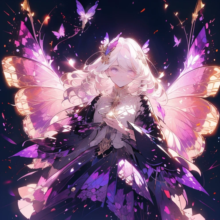 a beautiful (1girl) with colorful butterfly wings, white hair, detailed face, purple eyes,intricate butterfly wings,detailed wing patterns,detailed clothing,colorful butterfly wings,cinematic lighting,golden light particle, best detailed,masterpiece,ultra detailed, best shadow, delicate,action pose, (dynamic angle,detailed background, fantasy), (handsome detailed face), high contrast, (best illumination, an extremely delicate and beautiful), ((cinematic light)), colorful, hyper detail, dramatic light, intricate details, butterfly circle, magic crystals, rainbow, Fantastic fairy, Unique type, Sharp detail line,