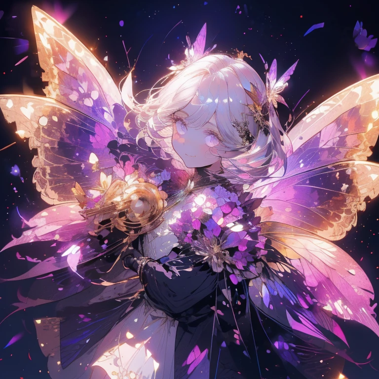 a beautiful (1girl) with colorful butterfly wings, white hair, detailed face, purple eyes,intricate butterfly wings,detailed wing patterns,detailed clothing,colorful butterfly wings,cinematic lighting,golden light particle, best detailed,masterpiece,ultra detailed, best shadow, delicate,action pose, (dynamic angle,detailed background, fantasy), (handsome detailed face), high contrast, (best illumination, an extremely delicate and beautiful), ((cinematic light)), colorful, hyper detail, dramatic light, intricate details, butterfly circle, magic crystals, rainbow, Fantastic fairy, Unique type, Sharp detail line,