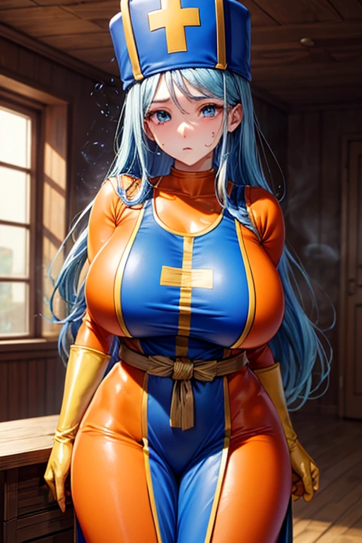 masterpiece, Highest quality,  Unreal Engine,  Super Resolution,  Very detailed, 

Beautiful woman, Dragon Quest Female Monk, long sky blue hair, Blue priest hat, (Orange bodysuit), Mitra, Tabard, Elbow-length gloves, Vivid expression, Healthy Body, Beautifully detailed sweat glands, Smooth skin texture, Carefully drawn, 

(humidity:1.5), (Lewd Scent:1.5), Beautiful Eyes, (Attractive face:1.2), (Beautiful Skin), Tight waist, (Big Breasts), Round Breasts, (Sticky with sweat), Irresistibly sexy pose, 

In the world of Dragon Quest, ((In a room filled with the smoke of aphrodisiac incense)), 