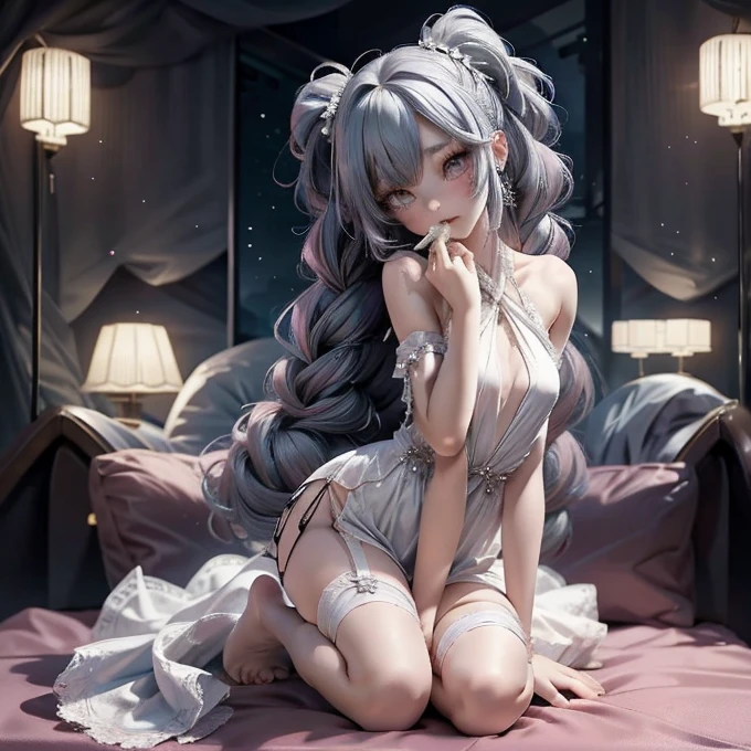 a close up of a anime cat girl streaming on the computers looking back eating a snack, anime moe artstyle, ahegao, long gray teal hair, curly hair, brown ayes, anime style 4 k, nightcore, official artwork, top rated on pixiv, anime wallaper, mikudayo, , pixiv, popular on pixiv, anime! 4 k, anime! 4k, high quality anime artstyle, white dress, white pajamas, pink bedroom, bed full of plushies, background, pink gaming chair, calm atmosphere(small young girl full body)、a baby face、Very cute、slim and beautiful、((small :1.2))、The eyes are well drawn、charming eyes、double tail、Wear jewelry and pearls around your neck,Transparent openwork、Deep V、crystal pearl、在Wear jewelry and pearls around your neck,white hair, Showing thighs, bare shoulders, showing clavicle, Yao Liu, barefoot,((whole body))、painful posture