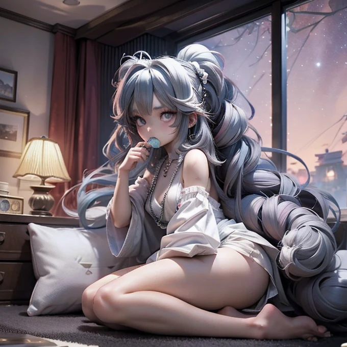 a close up of a anime cat girl streaming on the computers looking back eating a snack, anime moe artstyle, ahegao, long gray teal hair, curly hair, brown ayes, anime style 4 k, nightcore, official artwork, top rated on pixiv, anime wallaper, mikudayo, , pixiv, popular on pixiv, anime! 4 k, anime! 4k, high quality anime artstyle, white dress, white pajamas, pink bedroom, bed full of plushies, background, pink gaming chair, calm atmosphere（small young girl full body）、a baby face、Very cute、slim and beautiful、((small :1.2))、The eyes are well drawn、charming eyes、double tail、Wear jewelry and pearls around your neck，Transparent openwork、Deep V、crystal pearl、在Wear jewelry and pearls around your neck，white hair, Showing thighs, bare shoulders, showing clavicle, Yao Liu, barefoot，((whole body))、painful posture