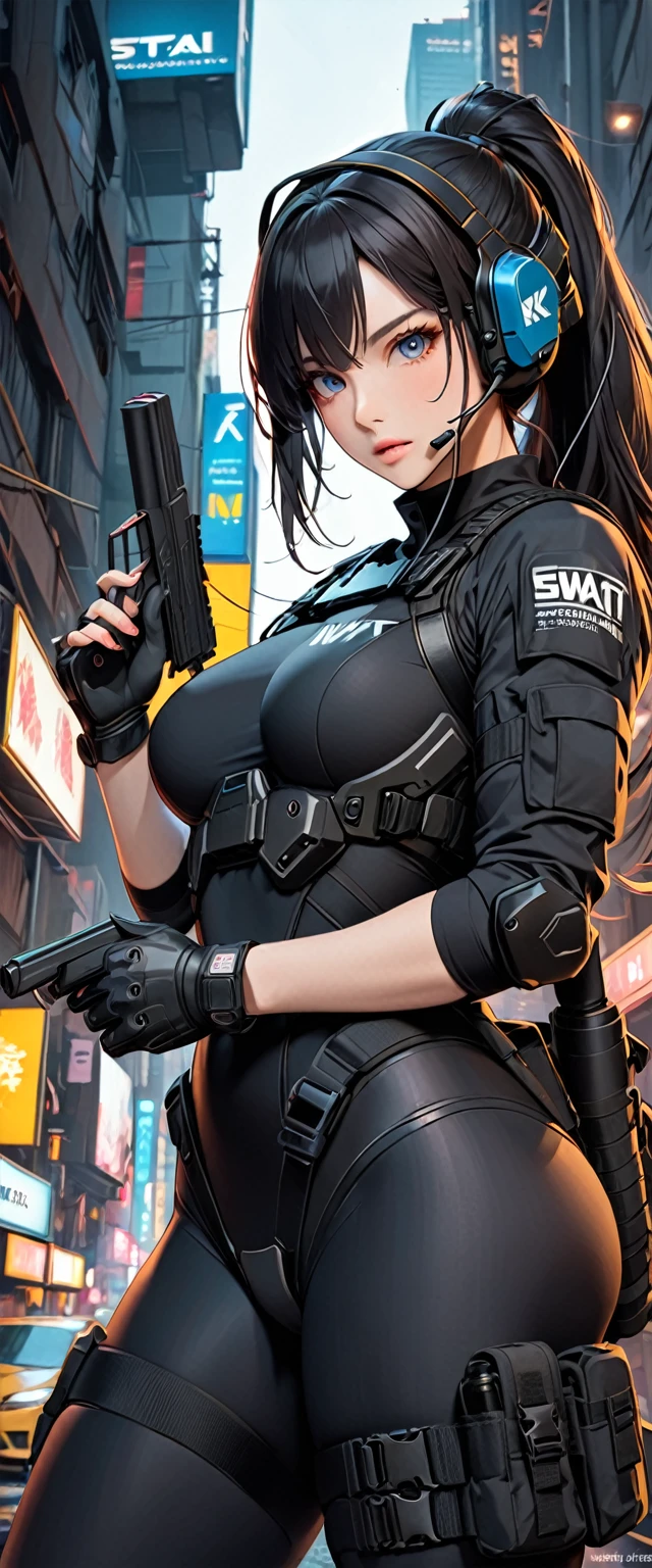 (masterpiece:1.2,Highest quality,Highest quality,Very detailed:1.2),8k,wallpaper,(One Woman),(Future female SWAT team members),(((pistol:1.6))),(Extremely form fitting black tactical bodysuit),(Tactical Headset),(Tactical Holster),(Tactical Gloves),break(Severe),(ponytail),(Black Hair),(Beautiful Face),(Beautiful Eyes),(Beautiful Eyes),(Very detailedな顔),(Very detailedな女性のhand),(Muscular),(sexy),(Big Breasts),(Thick thighs),(Beautiful body),(The background is the neon streets of a future city:1.6),(cyber punk:1.6),(((hand,detailed,perfection,perfectionion,hand))),(Beautiful female hand),(正確なhand描き)
