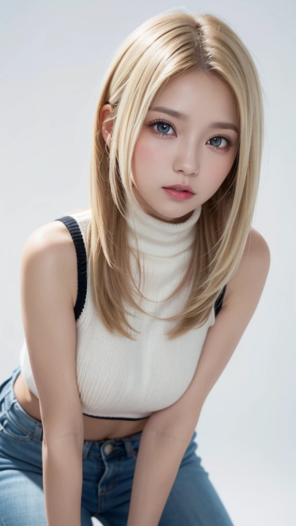 (((forehead、bent over、A calm face、High neck sleeveless knit、White Blonde Hair、Waist-length hair、Northern Europe、White、beautiful girl、Blonde、White background、cute、Young、True Face、Shiny Hair、whole body)))、table top, highest quality, figure, super detailed, finely, High resolution, 8k wallpaper, Perfect dynamic composition, detailed and beautiful eyes, Deco out,bionde, medium hair, big breasts, Natural color lip,white background, random cute poses,