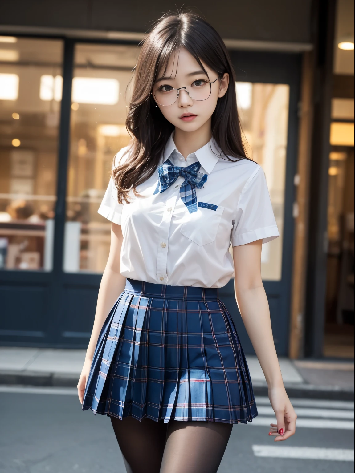 (8k、生photograph、Highest quality、masterpiece:1.2)、(Black Pantyhose)、(Small breasts)、(Small breasts)、(Small breasts)、(Small breasts)、(Glare)、(anger)、(Light)、(Narrow eyes)、Round Glasses、cute、JK、high school girl、Japanese women、Are standing、(PhotoReactive:1.37)、Photon Mapping、Real、cute小さな顔、Brown eyes、(Red bow tie)、Radio City、Physically Based Rendering、Prospect、Character boundary depth、Blurred Background、photograph、girl、body、Beautiful feet、Long legs、Thin legs、(前hairが見える)、hair、lips、Blue_The目、Soft Nose、(Light blue shirt)、(Navy, blue and white plaid pleated skirt)、High school uniforms、See-through clothing、Thighs、black cotton socks、Nogizaka Idol、、Japan Ido