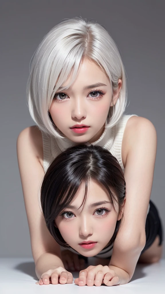 (Masterpiece, best picture quality, HD wallpaper), beautiful girls are sitting ,Infirmary、 silver short hair, blue eyes, teen,12yo,kissing