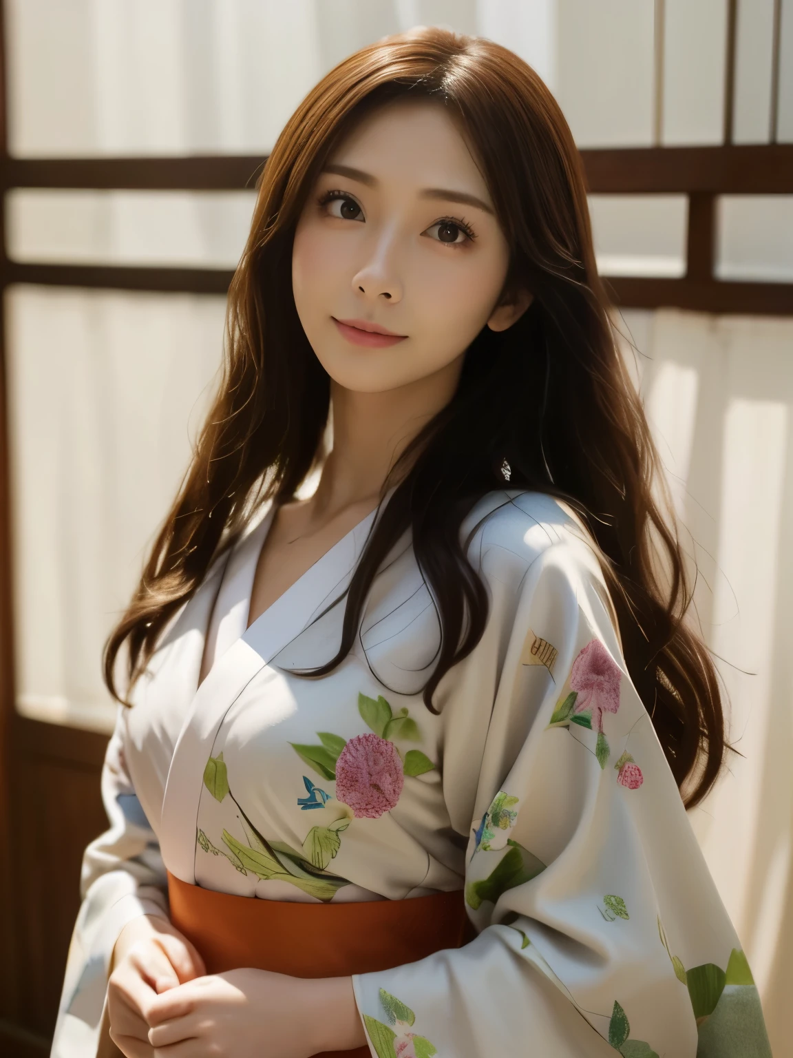 (best quality,highres,ultra-detailed),((portrait )),1beautiful Japanese lady,beautiful detailed eyes,beautiful detailed lips,extremely detailed face,longeyelashes,soft smile,flowing hair,natural lighting, wearling japanese elegant Kimono,
